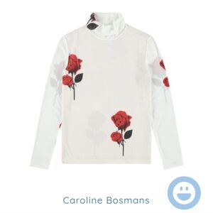 Caroline Bosmans White Top with Red Rose Print sz 12 NWT